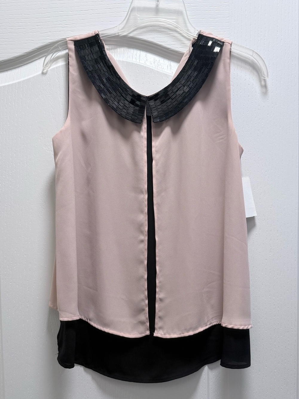 NWT Soprano Sleeveless Blush Pink & Black Layered Top with Sequin Collar
